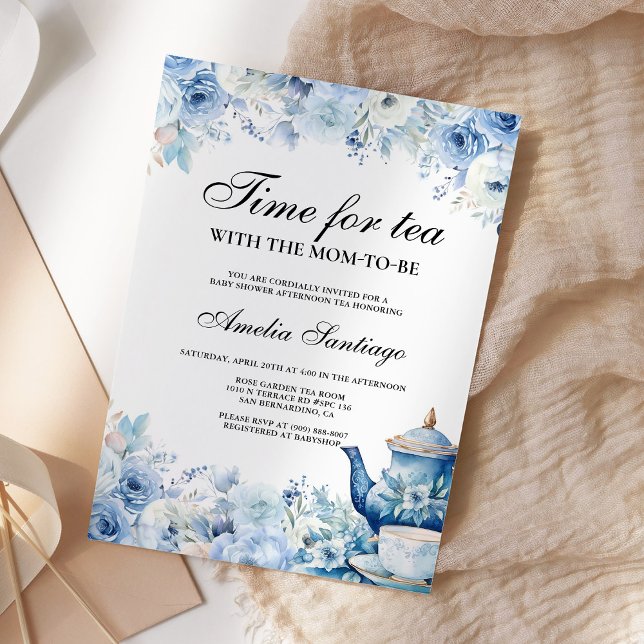 Convite Blue Floral Tea With Mom To Be Baby Shower Invitat (Criador carregado)