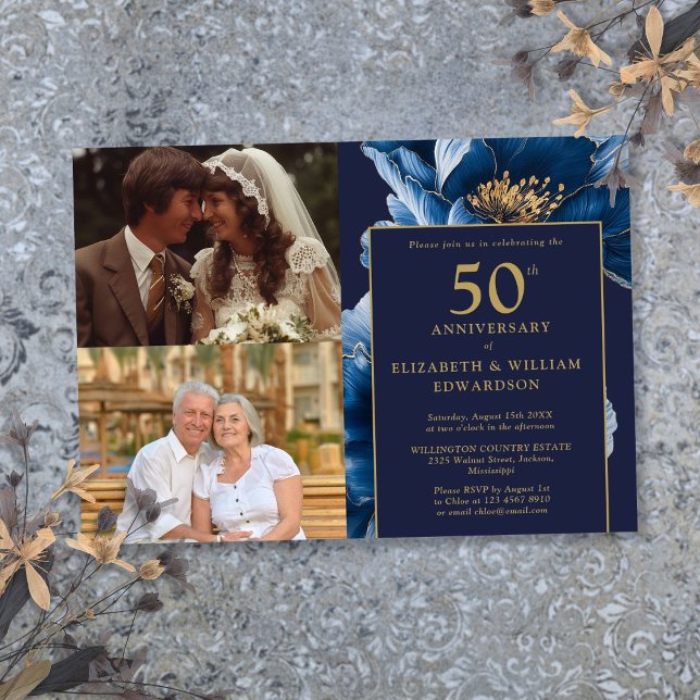 Convite Blue Floral Then And Now 50º Aniversário 2 Foto (Blue Floral Then And Now 50th Anniversary 2 Photo Invitation)