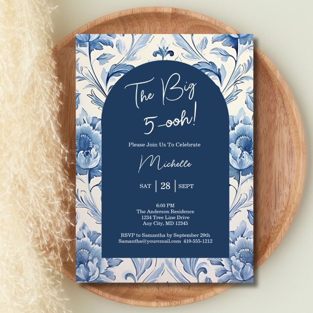 Convite Blue Floral Toile 50th Birthday Chinoiserie (Blue Toile Floral Chinoiserie 50th Birthday Invitation )