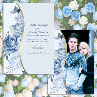 Convite Blue Floral w/Custom Photo Wedding Invitation 