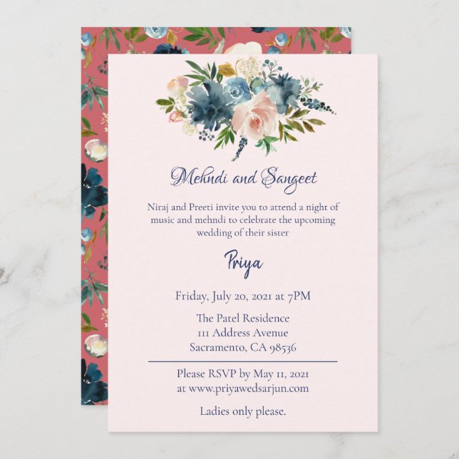 Convite Blue Floral Watercolor Mehndi Sangeet Garba Invite (Frente/Verso)