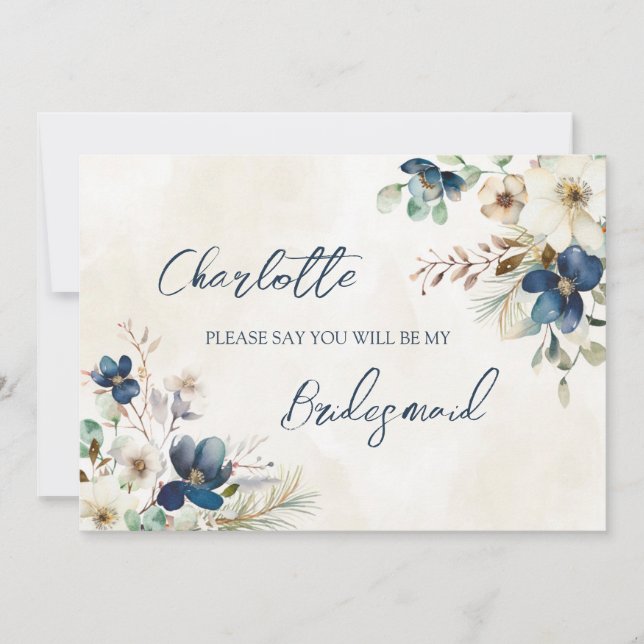 Convite Blue Floral Wedding Bridesmaid Proposal Card (Frente)