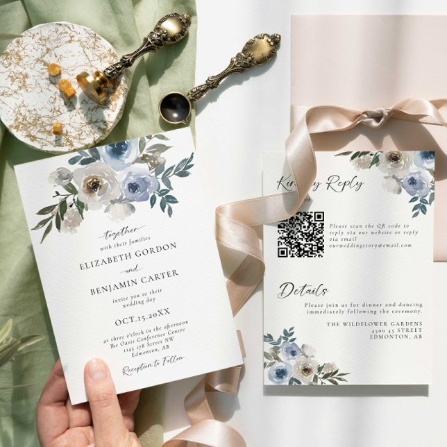 Convite Blue Floral Wedding Elegant Watercolor QR Code (Criador carregado)