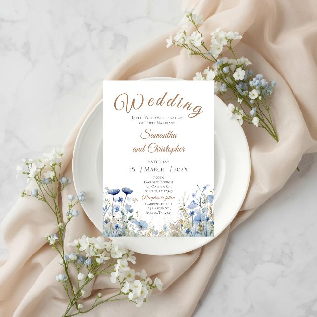 Convite Blue Floral Wedding Invitation (Criador carregado)