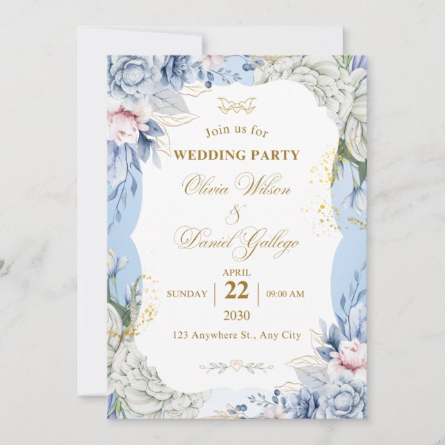 Convite Blue Floral Wedding Invitation Elegant Romantic  (Frente)
