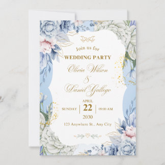 Convite Blue Floral Wedding Invitation Elegant Romantic 