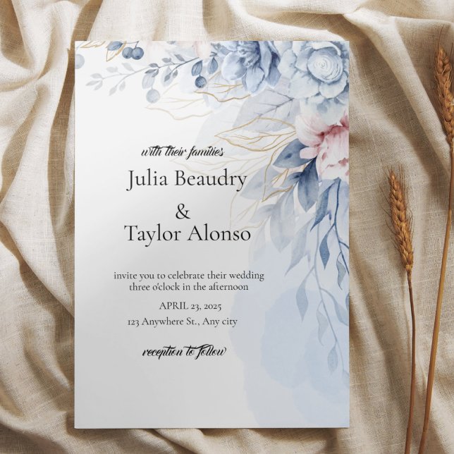 Convite Blue Floral Wedding Invitation with White Dove | E (Criador carregado)