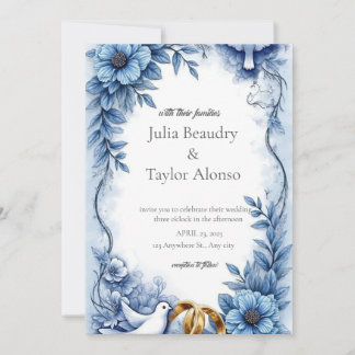 Convite Blue Floral Wedding Invitation with White Dove | E