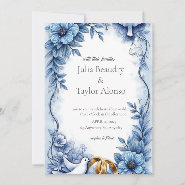 Convite Blue Floral Wedding Invitation with White Dove | E (Frente)