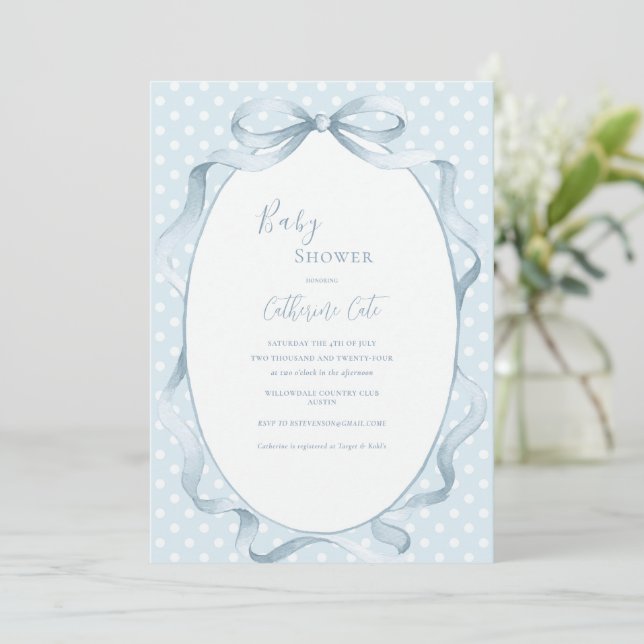 Convite Blue Floral Whimsical Baby Shower  (Em pé/Frente)