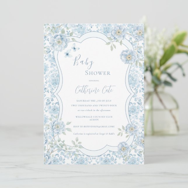 Convite Blue Floral Whimsical Baby Shower  (Em pé/Frente)
