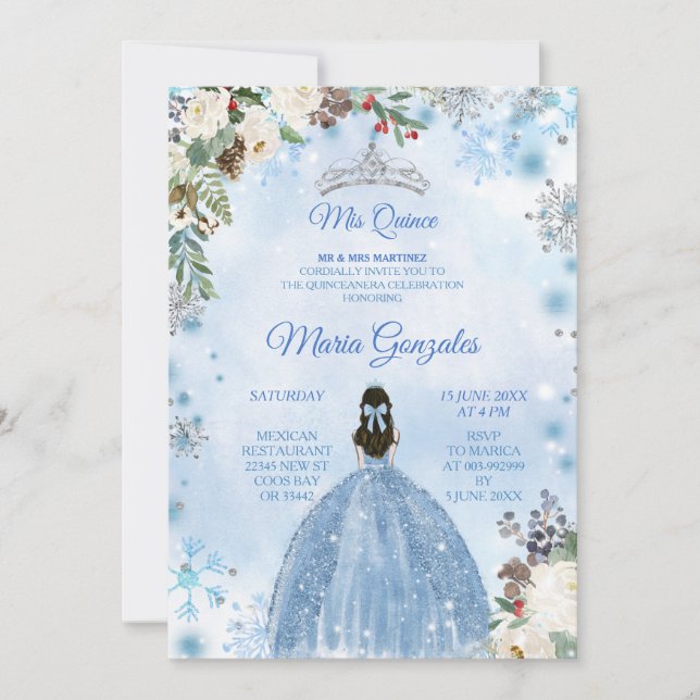 Convite Blue Floral & Winter Holiday Mis Quince Birday (Frente)