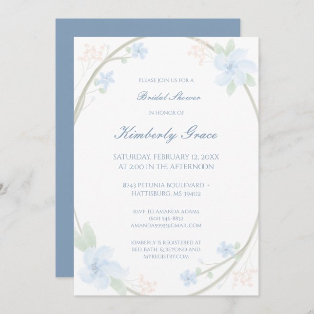 Convite Blue Floral Wreath Chá de panela Invite (Frente/Verso)