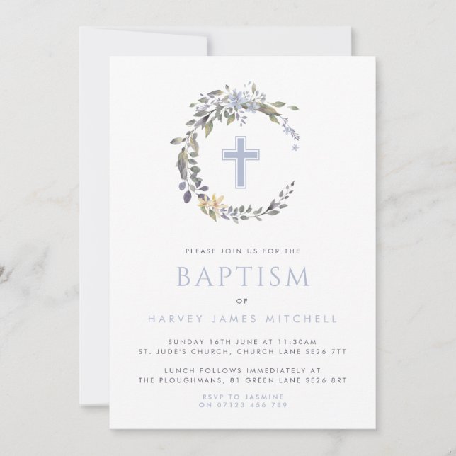 Convite Blue Floral Wreath & Cross Baby Baptism (Frente)