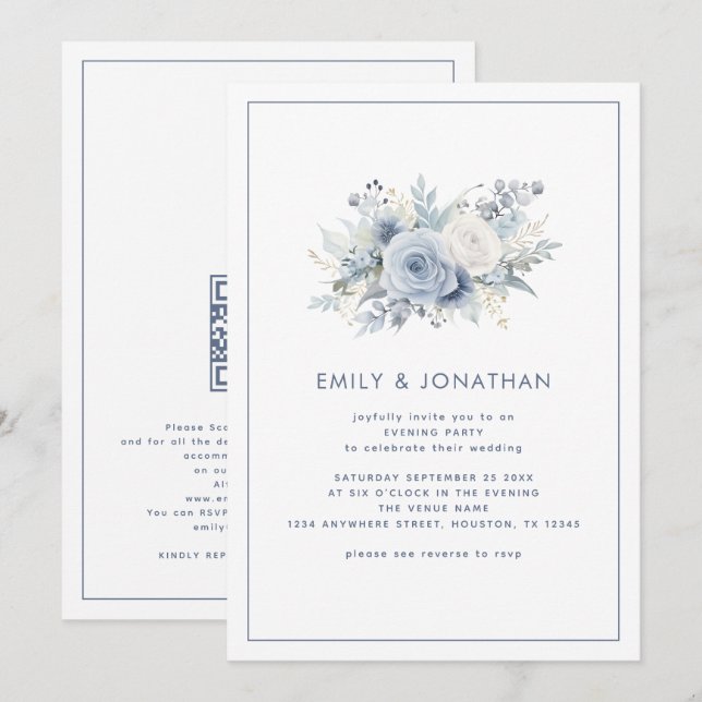 Convite Blue Florals Border QR Wedding Night Party (Frente/Verso)