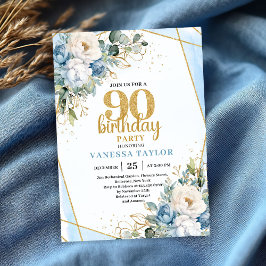 Convite Blue Flower Gold Accent 90th Birthday Party Invite
