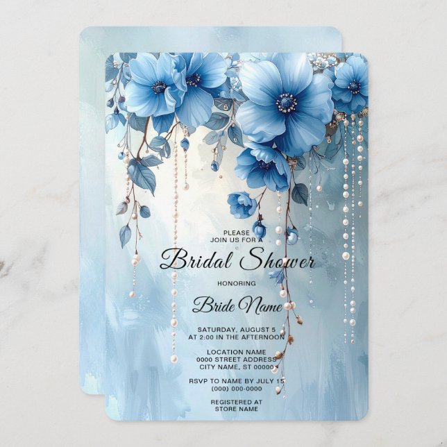 Convite Blue Flowers and Pearls Bridal Shower (Frente/Verso)