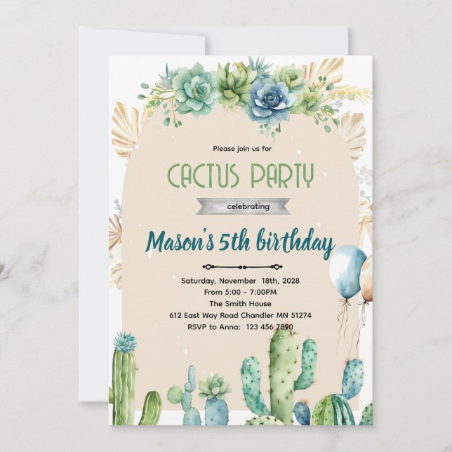 Convite Blue flowers cactus desert invitation (Frente)