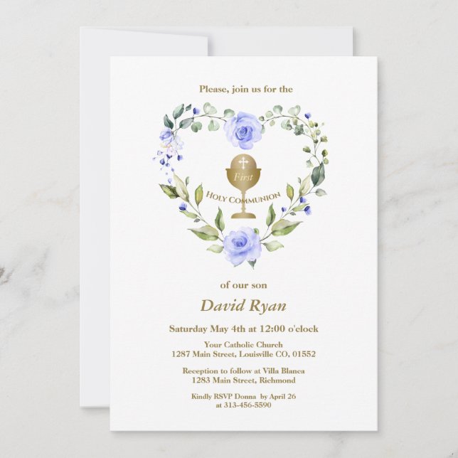 Convite Blue Flowers Wreath Boy First Santa Comunhão (Frente)