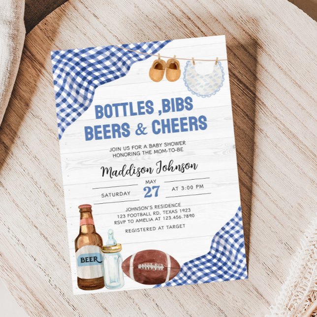 Convite Blue Football Baby Shower (Bottles, Bibs, Beers & Cheers Baby Shower Invitation)