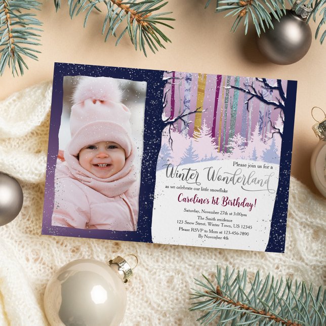 Convite Blue Forest Winter Wonderland Girls Foto de aniver (Criador carregado)