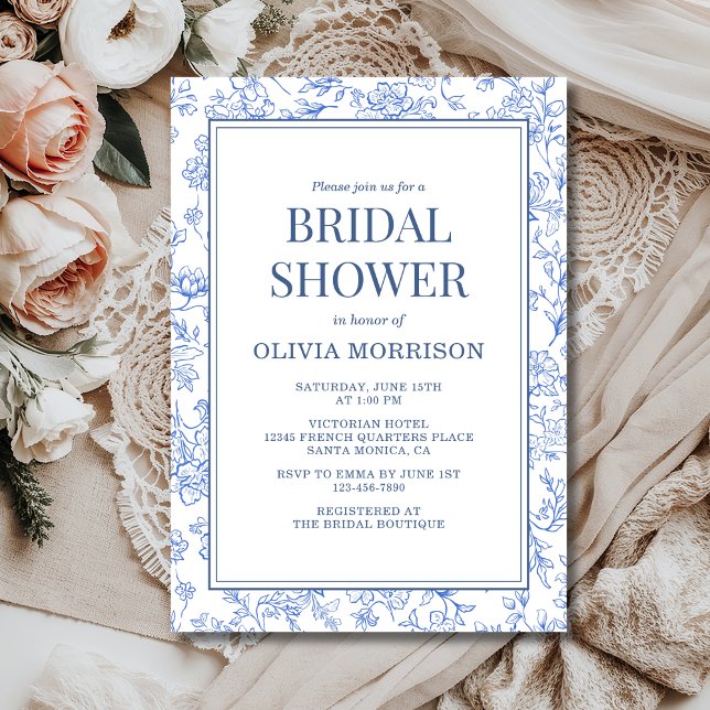 Convite Blue French Chinoiserie Floral Bridal Shower (Criador carregado)