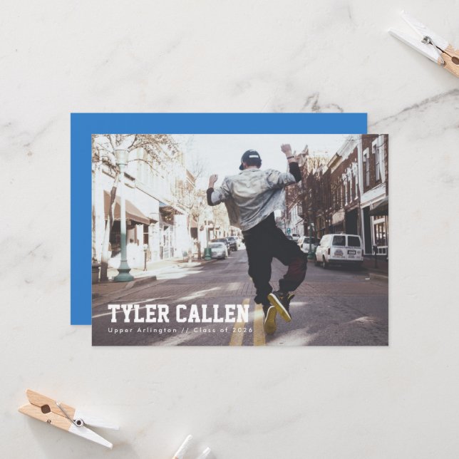 Convite Blue Full Photo Grad Announcement (Frente/Verso In Situ)