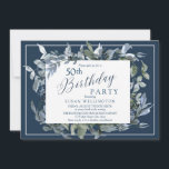 Convite Blue Garland 50th Festa de aniversário<br><div class="desc">É hora de comemorar e este convite é perfeito! Esta design apresenta um fundo azul escuro com uma elegante terra azul e verde,  acentuada com tipografia personalizada.</div>