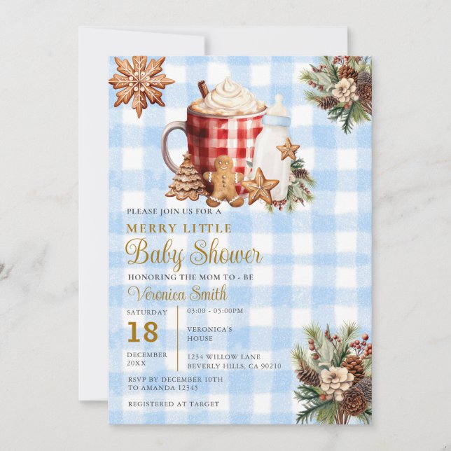 Convite Blue Gingham A Merry Little Baby Shower  (Frente)