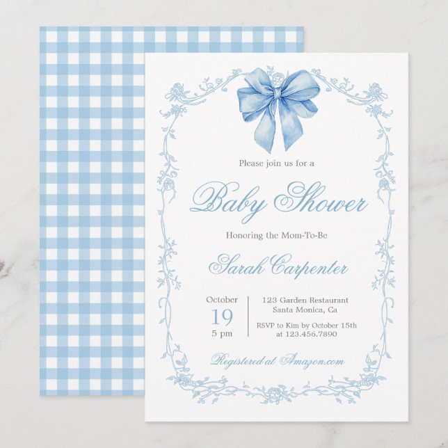 Convite Blue Gingham and Bow Baby Shower Boy (Frente/Verso)