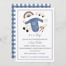 Convite Blue Gingham and Toys Baby Boy Shower Invitation