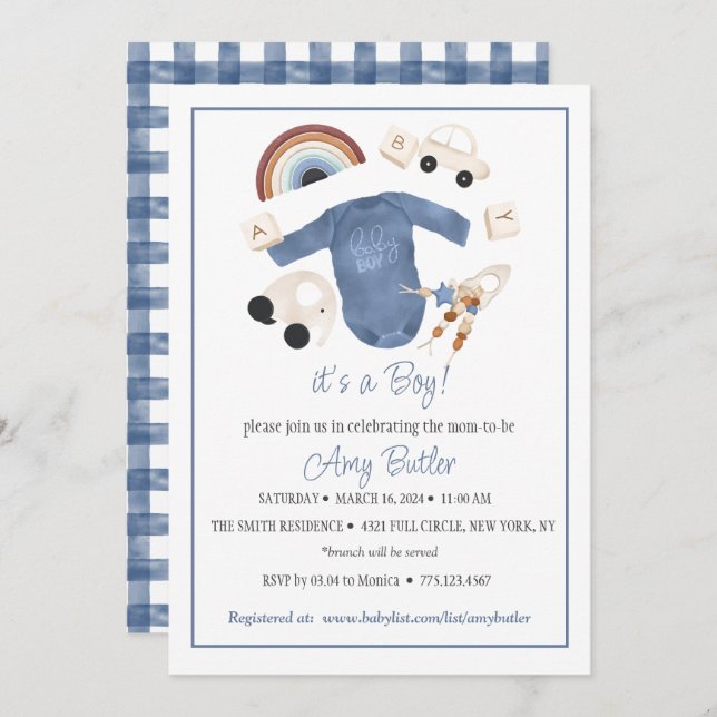 Convite Blue Gingham and Toys Baby Boy Shower Invitation (Frente/Verso)