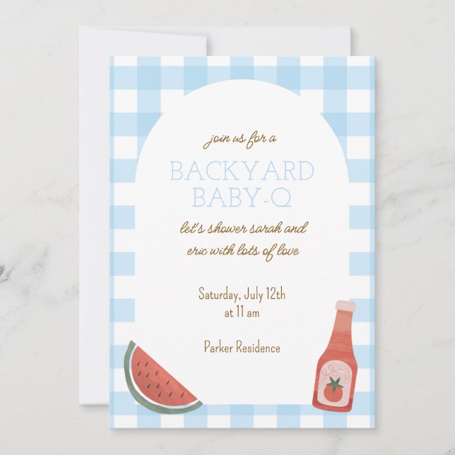 Convite Blue Gingham Baby-Q Baby Shower Invitation (Frente)