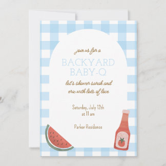 Convite Blue Gingham Baby-Q Baby Shower Invitation
