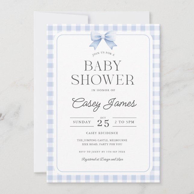 Convite Blue Gingham Baby Shower Invitation (Frente)