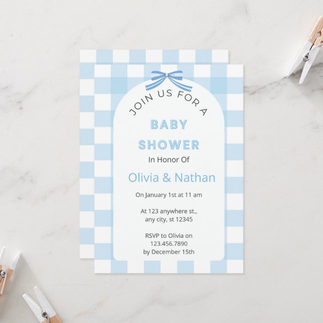 Convite Blue Gingham Baby Shower Invitation, Blue Baby Boy (Frente/Verso In Situ)