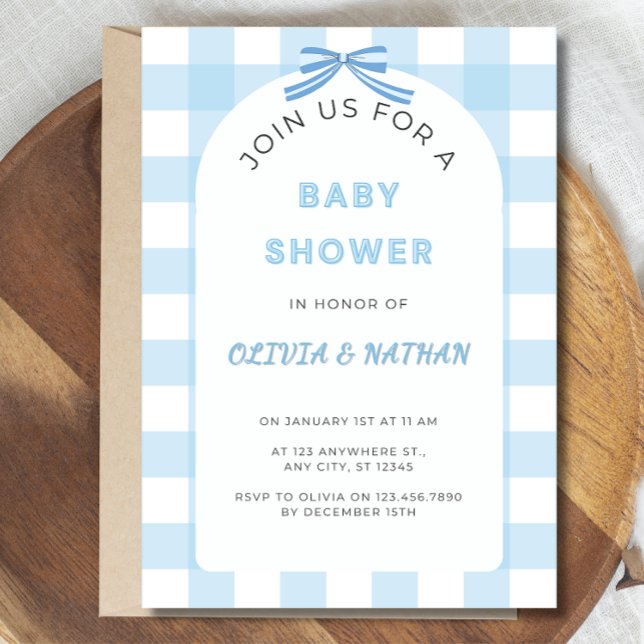 Convite Blue Gingham Baby Shower Invitation, Blue Baby Boy (Criador carregado)