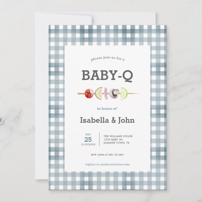 Convite Blue Gingham Barbecue Baby Shower Invitation (Frente)