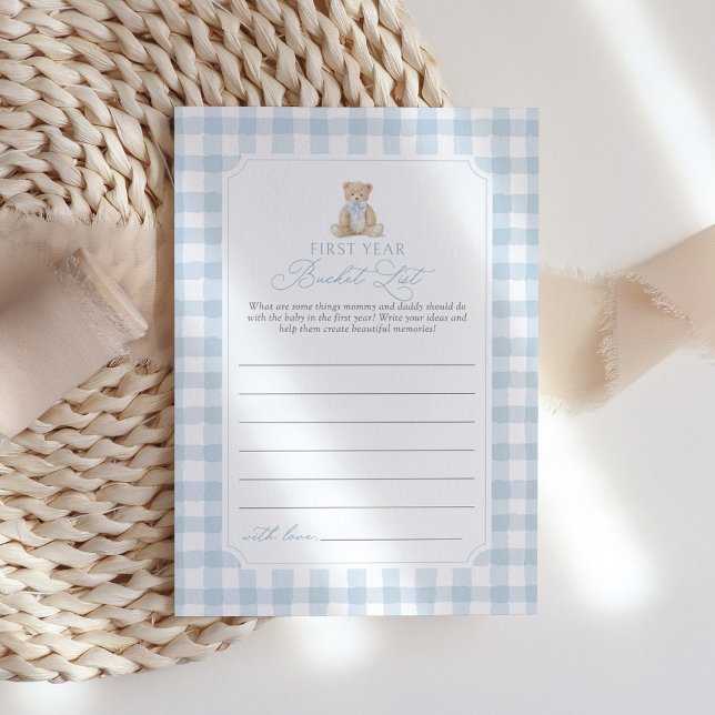Convite Blue Gingham Bear Baby First Year Bucket List (Criador carregado)