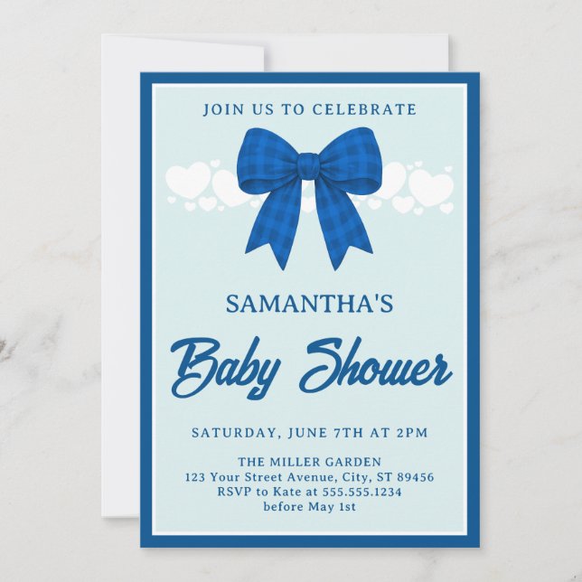 Convite Blue Gingham Bow Boy Baby Shower Invitation (Frente)
