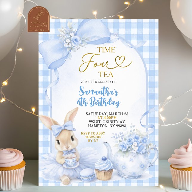 Convite Blue Gingham Bow Bunny Tea Party Fourth Birthday (Criador carregado)