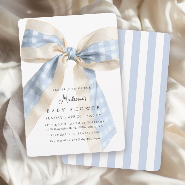Convite Blue Gingham Bow Cute Baby Shower (Invitation may be ordered in both printed and instant download digital formats.)