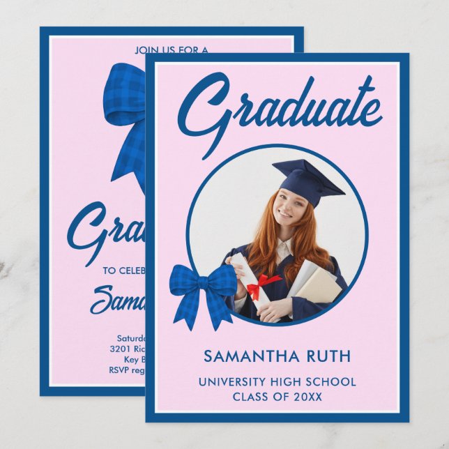 Convite Blue Gingham Bow Photo Graduation Party (Frente/Verso)