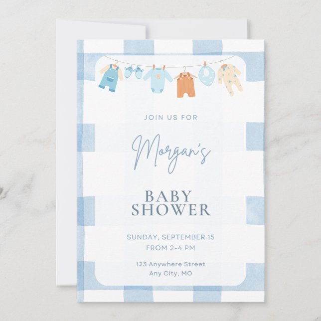 Convite Blue Gingham Boy Baby Shower Invitation (Frente)
