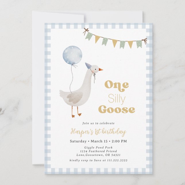 Convite Blue Gingham Boy One Bobo Goose Birday (Frente)