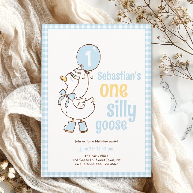 Convite Blue Gingham Boy One Silly Goose 1st Birthday (The front  of the invitation  is shown in 5x7-inch size. Choose size, paper, and corner style.)