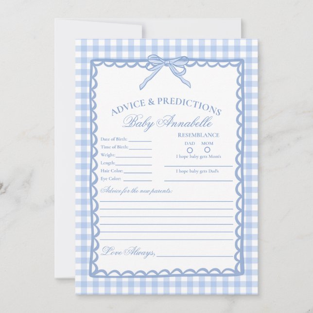 Convite Blue Gingham Coquette Bow Advice for Baby Card (Frente)