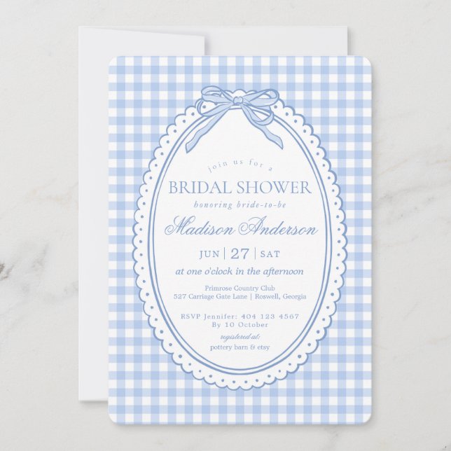 Convite Blue Gingham Coquette Bow Bridal Shower (Frente)