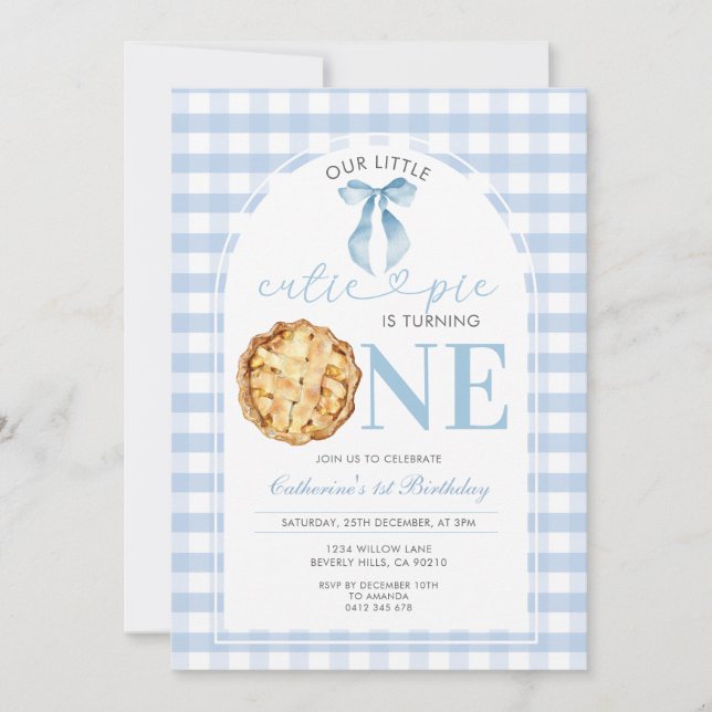 Convite Blue Gingham Cutie Pie First Birthday Invitation (Frente)