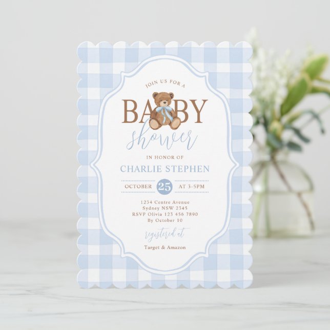 Convite Blue Gingham Elegant Teddy Bear Baby Shower (Em pé/Frente)